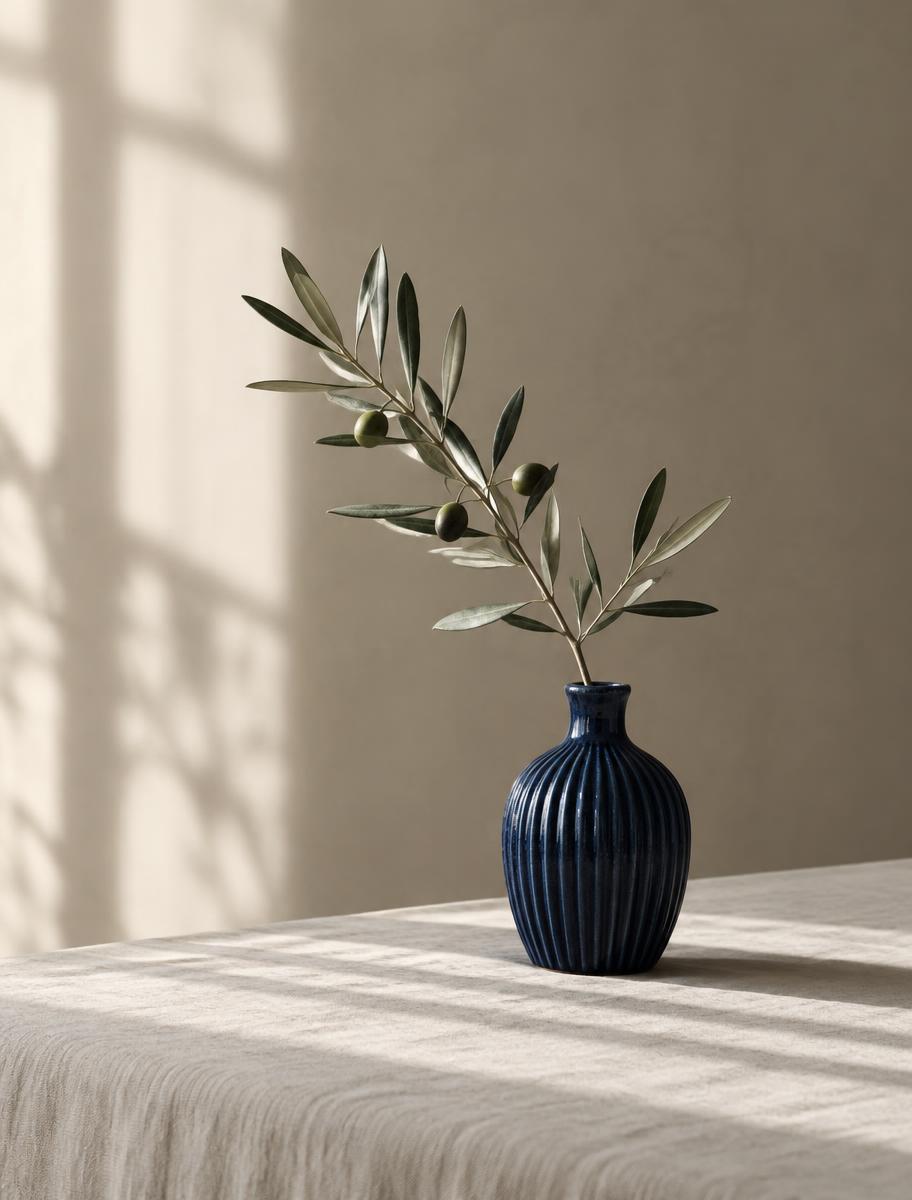 A navy ceramic vase with an olive branch in soft light